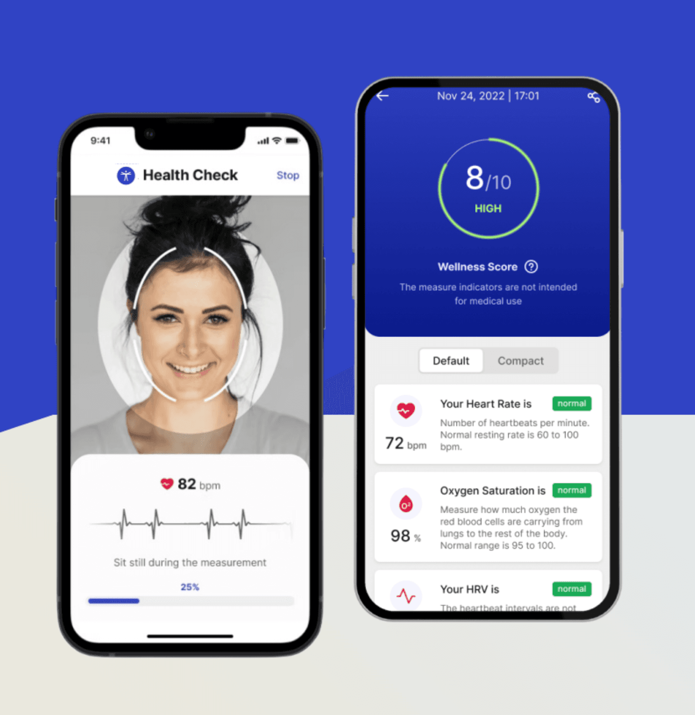 The guided Health Check experience and wellness-results screen. The indicators shown are not intended for medical use.
