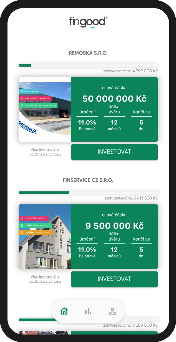 finGOOD investment platform showing investment opportunities
