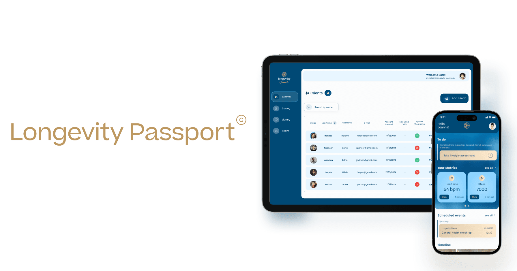 Longevity Passport product preview showing the clinic dashboard and mobile client experience.